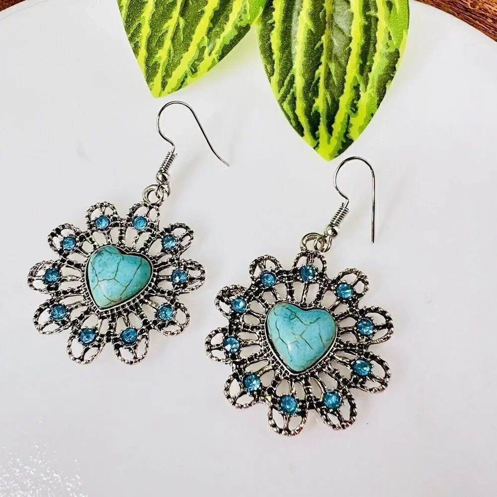 Teal Blue Faux Turquoise Heart Rhinestone Silver Tone Flower Dangle Earrings